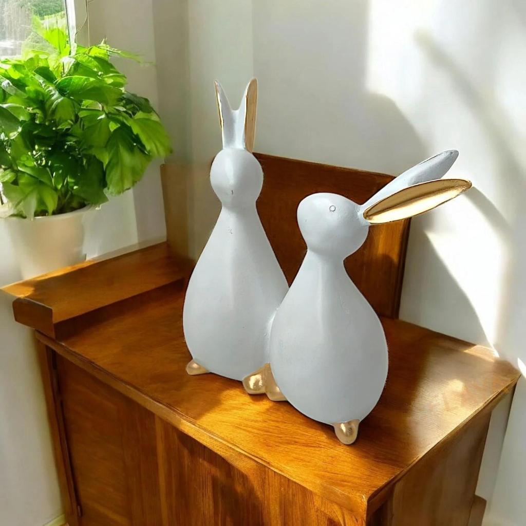 Пара кроликов/кроликов, украшение для домашнего декора, гостиная, спальня, офисный стол, декоративная статуэтка из полирезины (20,3 см, Дэйзи Уайт)