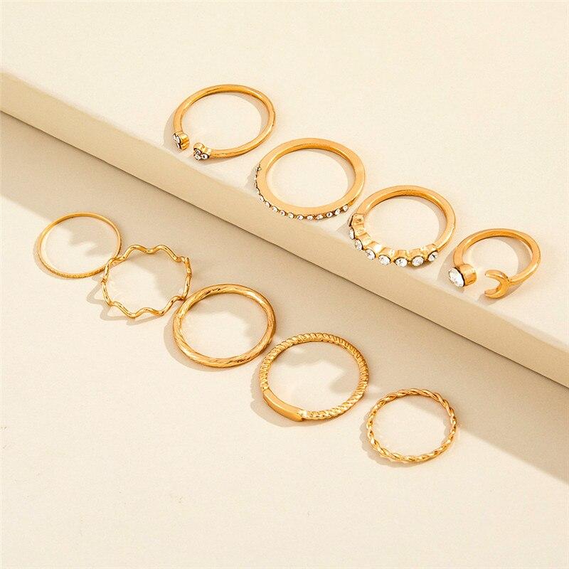 Modyle 9 шт./набор Роскошные кольца с кристаллами и золотистым покрытием для женщин и мужчин, шармы, луна, скручивание, волна, геометрический сплав, бохо-украшения