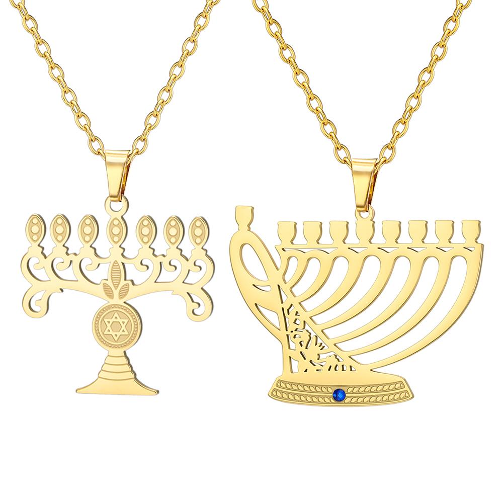 Chanukah Menorah Necklace Religious Jerusalem Temple Hanukkah Shammash Pendant Stainless Steel Judaica Jewelry