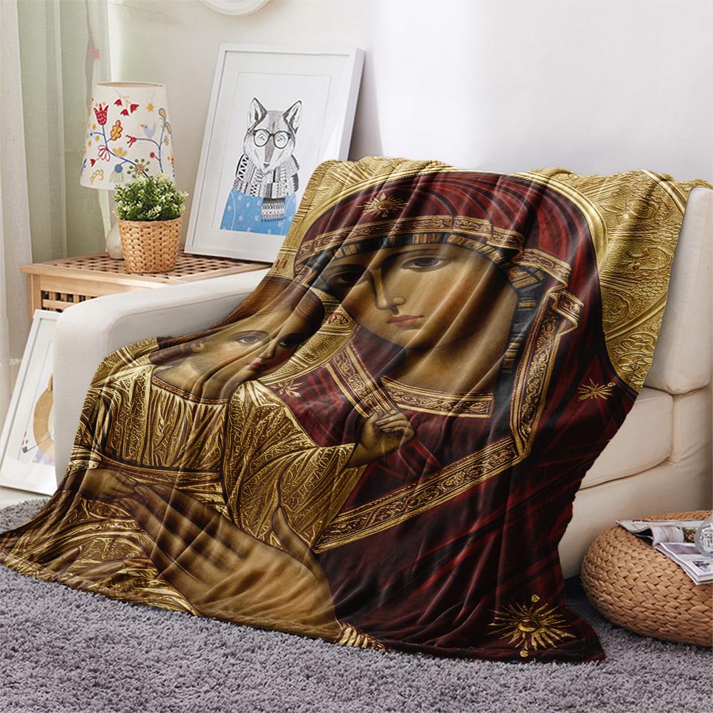 1Pc God Print Flannel Blanket, High quality Comfortable for All Seasons, Home Decor, Warmth and Comfort, Perfect for Christmas Gifts