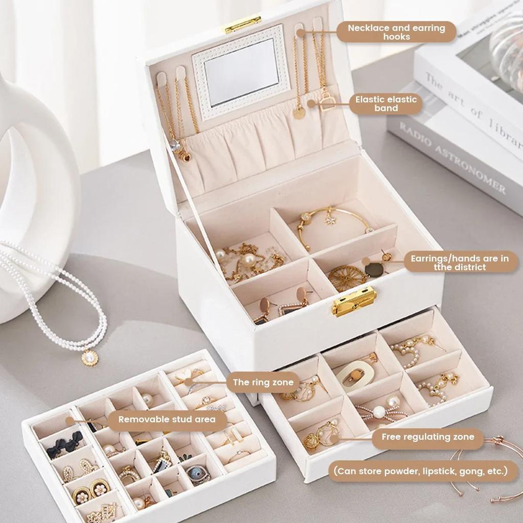 Органайзер для ювелирных изделий из искусственной кожи, витрина для ювелирных изделий с зеркалом, двухслойный держатель для хранения ювелирных изделий, ящик большой емкости