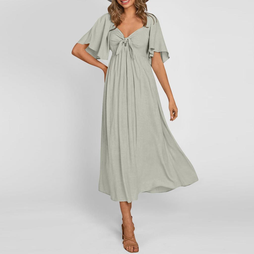 Женские повседневные платья, струящееся платье миди с короткими рукавами и завязкой с V-образным вырезом. Женское летнее платье макси с короткими рукавами и V-образным вырезом.