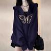 Navy Blue Butterfly Cardigan Hooded Sweatshirt for Women In Autumn and Winter New Loose Lazy Style Design Jacket for Women