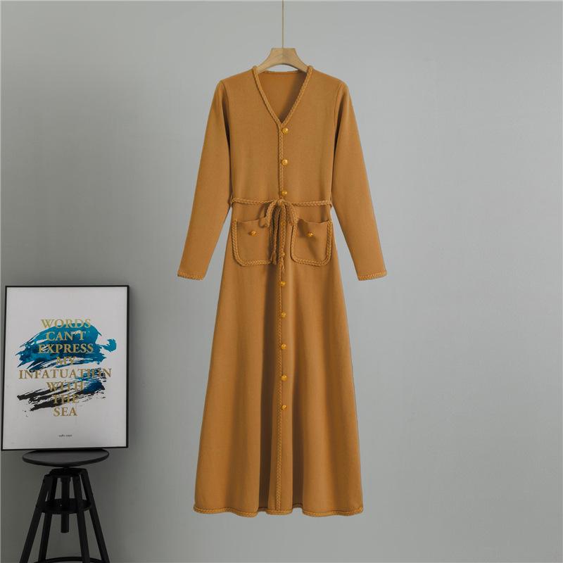 French Knitted A-line Dress & Matching Coat - Women's Slimming Autumn/Winter Woolen Base Layer