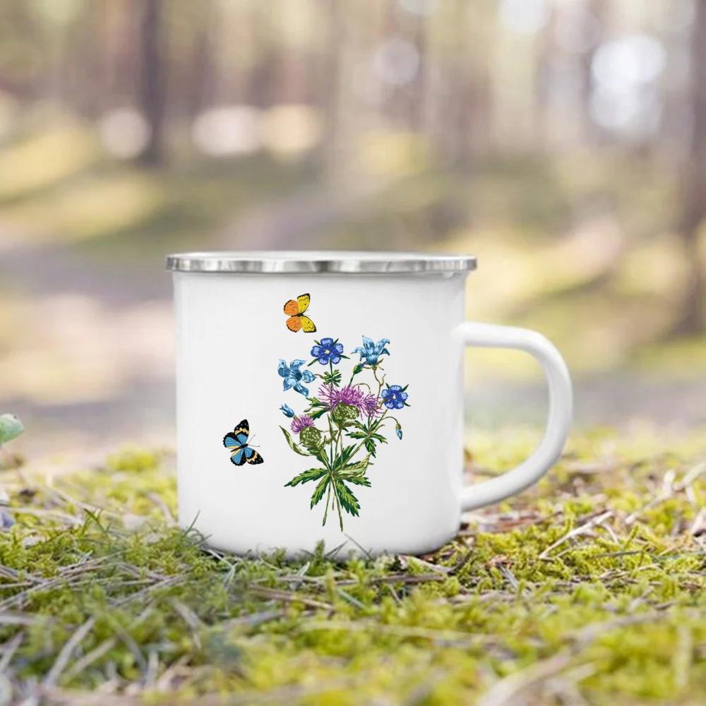 Креативные эмалевые кружки для кофе с цветочным принтом, походные чашки для сока, какао, студенческие кружки для завтрака и молока для детей