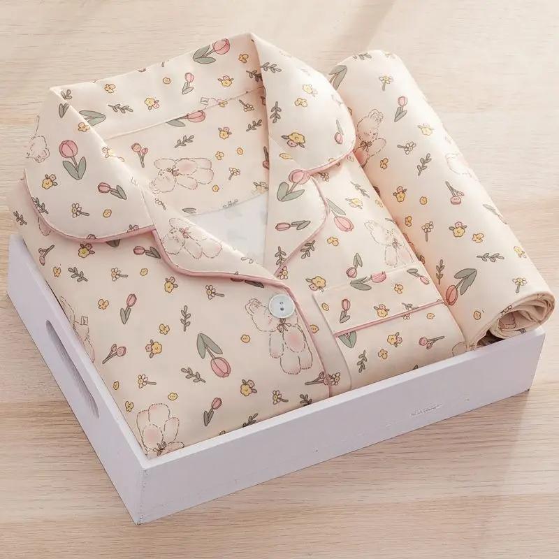 Женский пижамный комплект с принтом, брюки с длинными рукавами, студенческая милая домашняя одежда, двухкомпонентный кардиган с лацканами, модная женская одежда