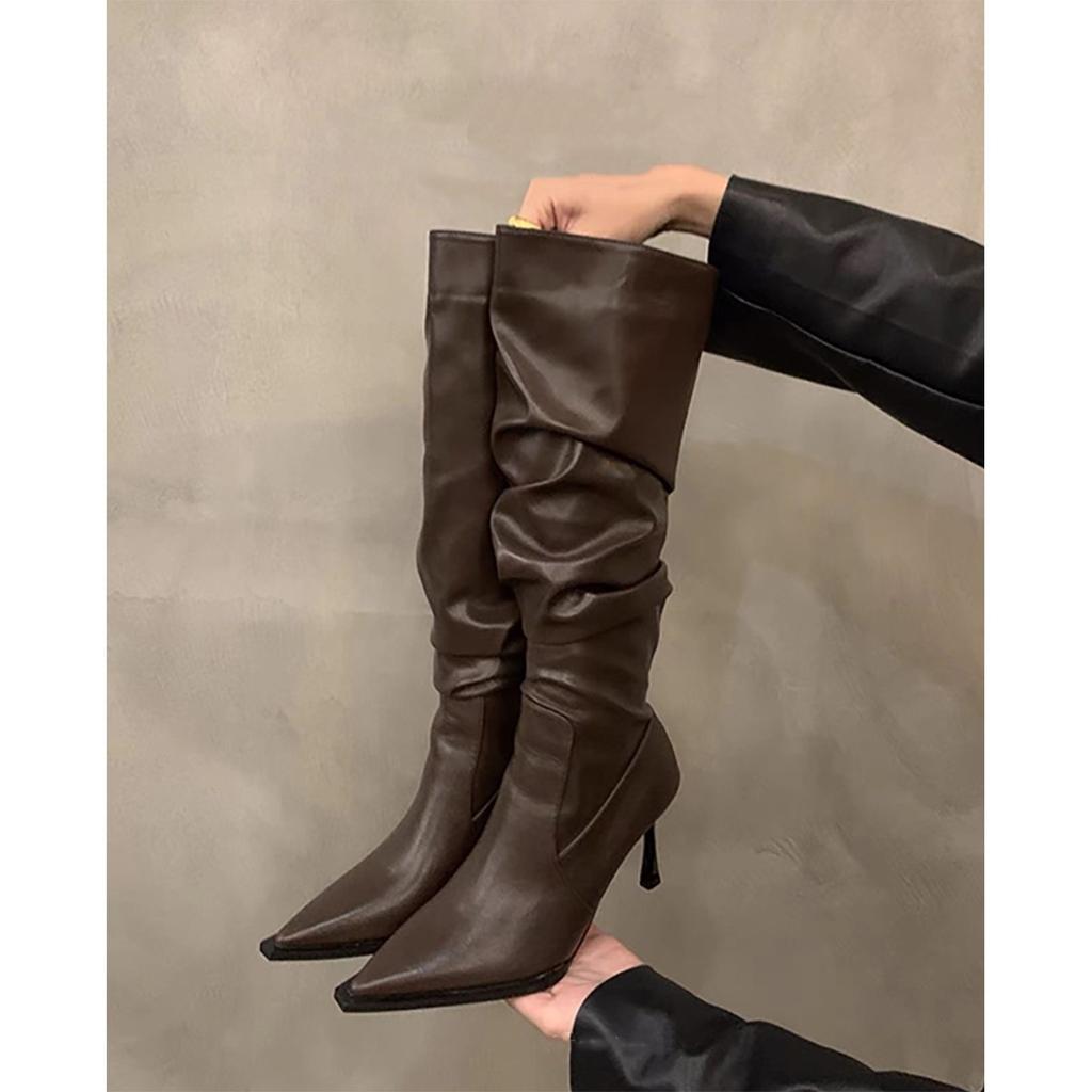 [Фабричное производство товаров] Женские туфли на высоком каблуке, ботильоны-чулки на шпильке, новинка 2025 года, тонкие ботильоны до икры с острым носком