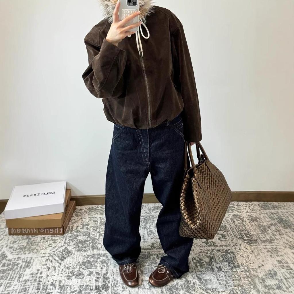 A3 Ретро-джинсы свободного покроя с широкими штанинами: Оригинальный цвет, нейтральный, средне-высокая талия, заниженный шаговый шов для женщин