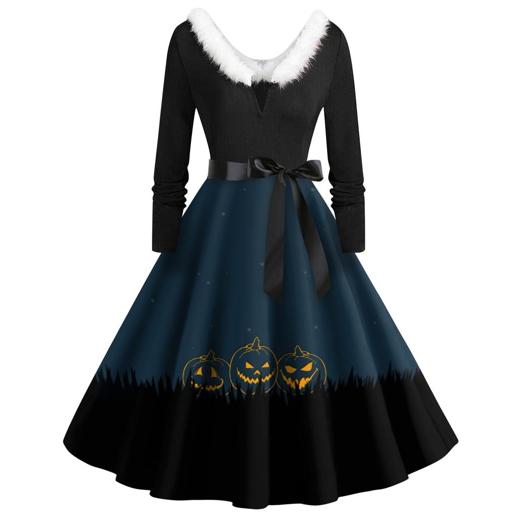 Женские повседневные модные платья с длинными рукавами и v-образным вырезом с принтом на Хэллоуин
