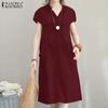 ZANZEA Summer Casual V-neck Short Sleeve Tunic Waist Shirt Dress
