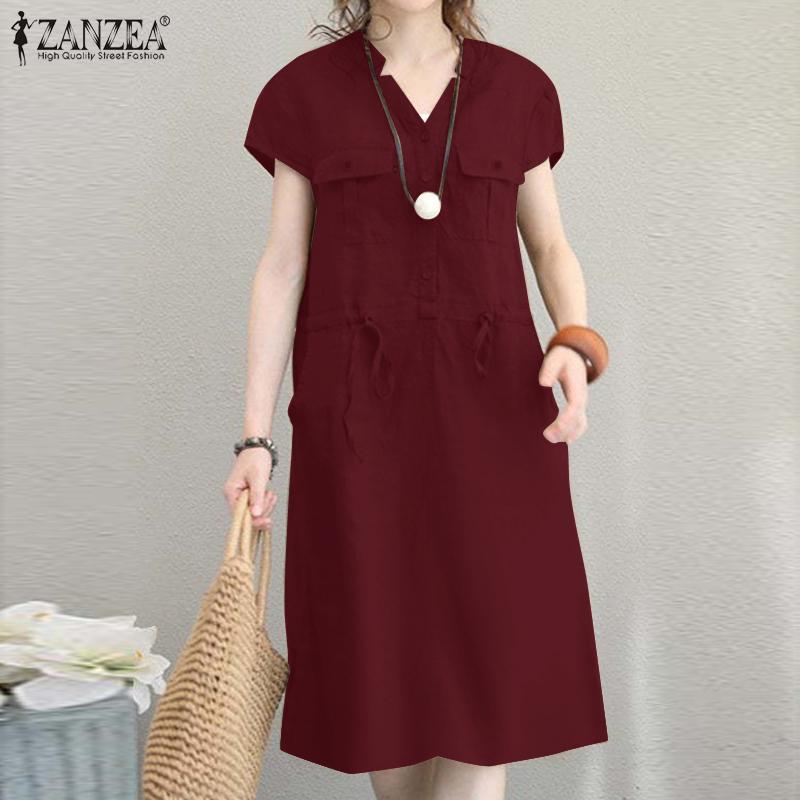 ZANZEA Summer Casual V-neck Short Sleeve Tunic Waist Shirt Dress
