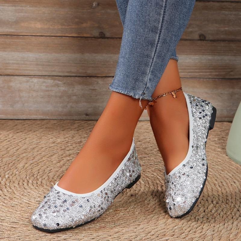 Shoes Female 2024 Fashion Slip On Women's Flats Spring Square Toe Solid Sequins Shallow Mouth Rubber Flats Basic Commuting Shoes