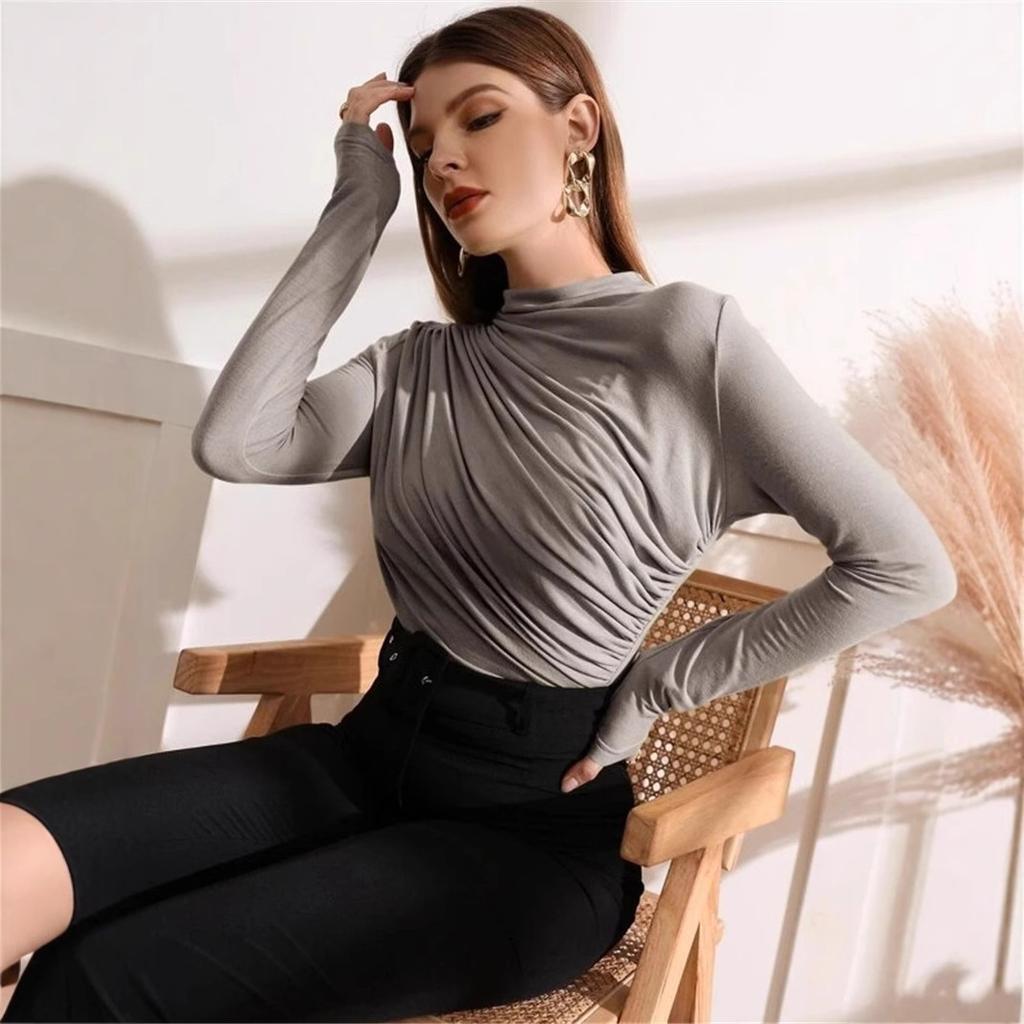Women's Autumn and Winter Small High Neck Pumped Pleated Versatile Long-sleeved T-shirt
