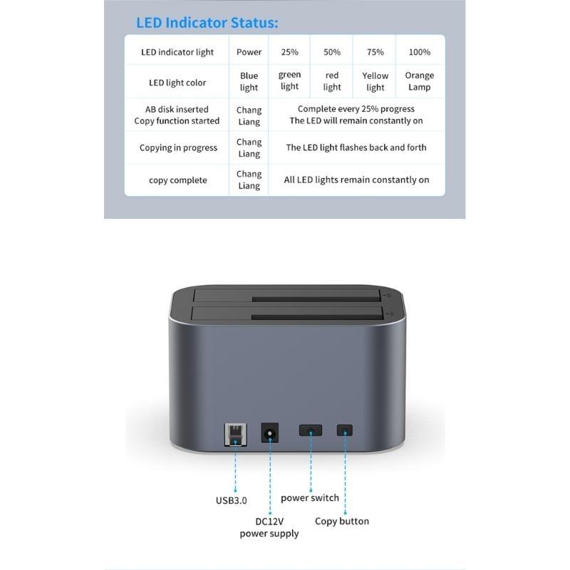 Double Bay USB3.0 External Docking Station for 2.5/3.5Inch Solid Disks Reader Support 2*18TB 2 USB 5Gbps Aluminum Box
