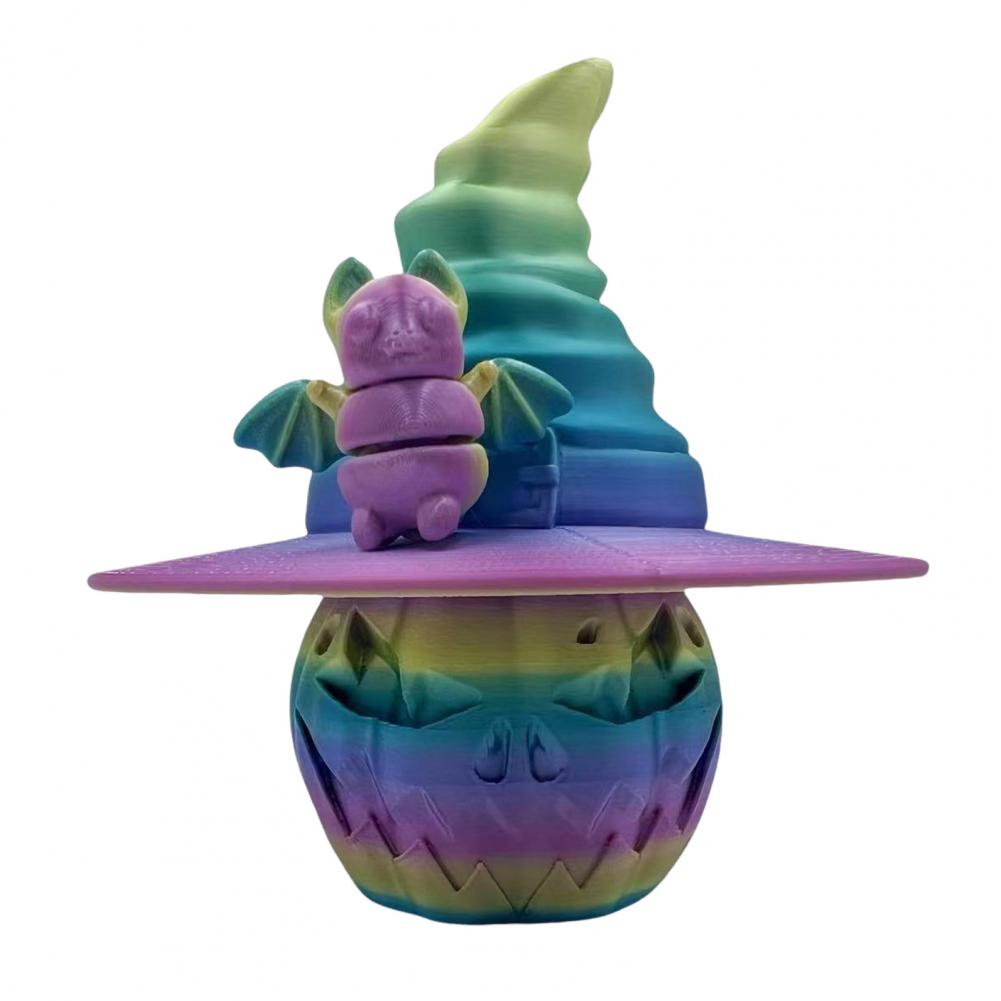 Holiday Pumpkin Decoration Colorful Halloween Pumpkin Figurine with Bat Witch Hat 3d Printed Fidget Toy for Home Office Decor