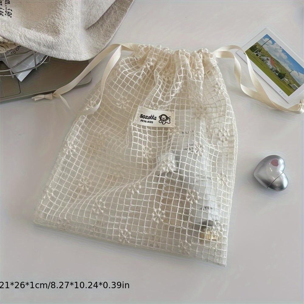 Mesh Embroidered Daisy Drawstring Storage Bag - Cute Lightweight Travel Organizer for Skincare & Toiletries, Beige, Hand Wash Only