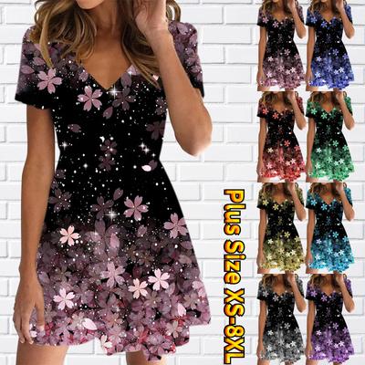 Летняя мода женская V-образным вырезом с коротким рукавом Красивое платье с цветком вишни с принтом Секс Короткие платья-юбки