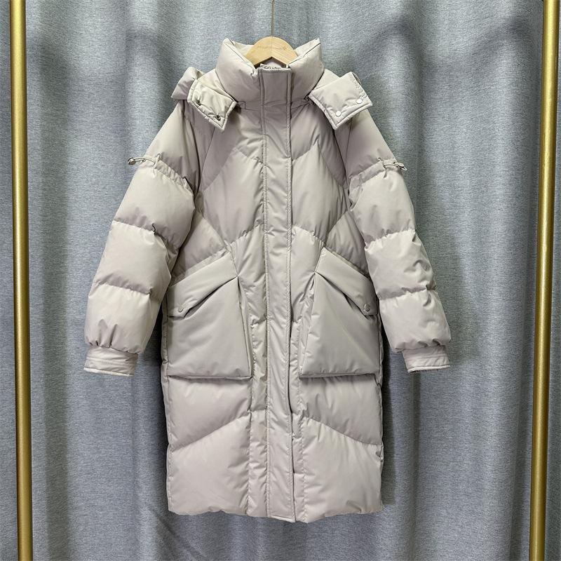 Женская зимняя осенняя куртка-пуховик с капюшоном из белого утиного пуха, свободное длинное однотонное пальто с большим карманом, съемная шапка, пуховое пальто