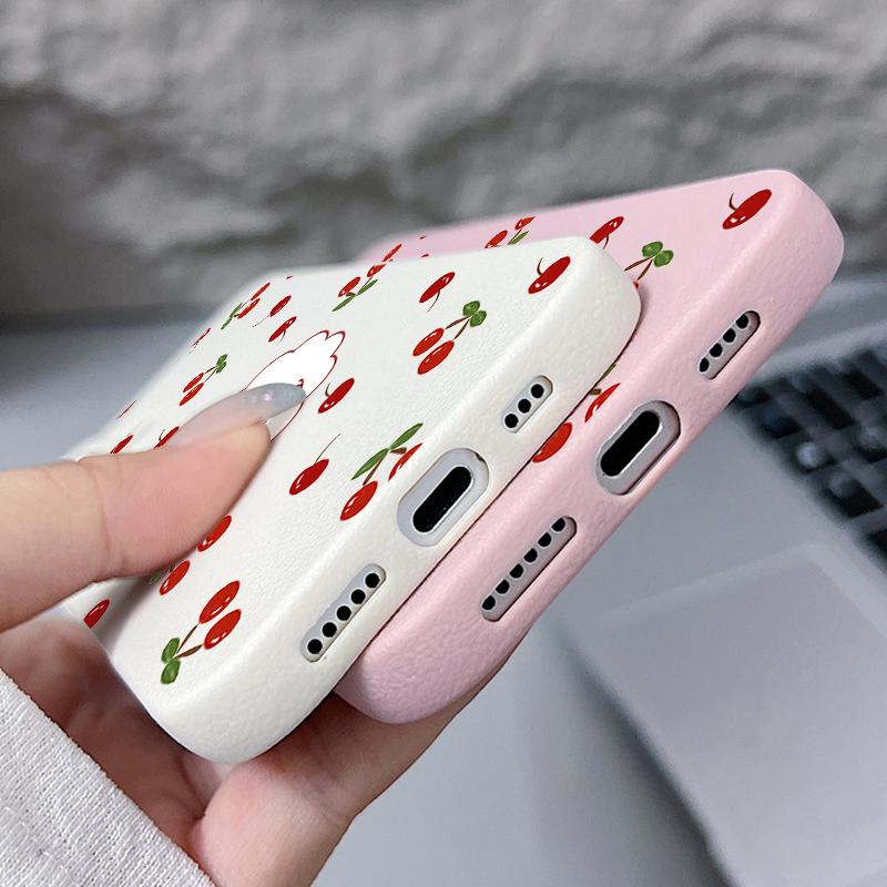 Чехол из мягкой противоударной матовой кожи с вишневым узором для iPhone 16 Pro 15 14 13 12 Pro Max 11