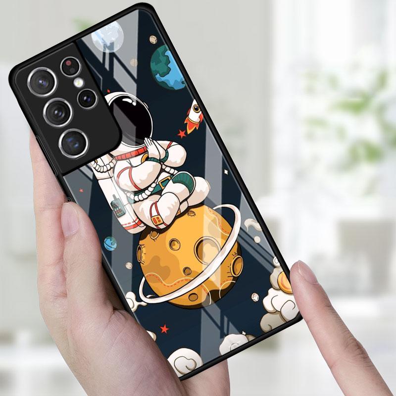 Стеклянный чехол для телефона для Samsung Galaxy S22 S21 S20 Ultra FE S9 S10 S8 Plus Note 20 10 Lite 9 8, чехол, милый в космосе, астронавт