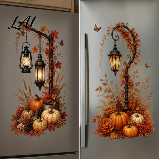 Holiday Glass Door Decals Autumn Pumpkin Street Lamp & Maple Leaves Wall Sticker Waterproof PVC Fall Harvest Vinyl Stickers Decal Decorative