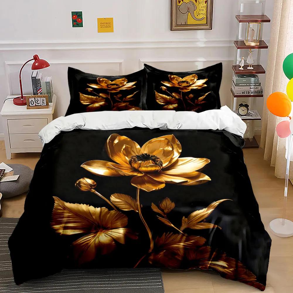 Golden Floral Artwork Decorative Set Soft Comfortable Duvet Cover Bedding Set Included 1*Duvet Cover & 2*Pillowcases gift