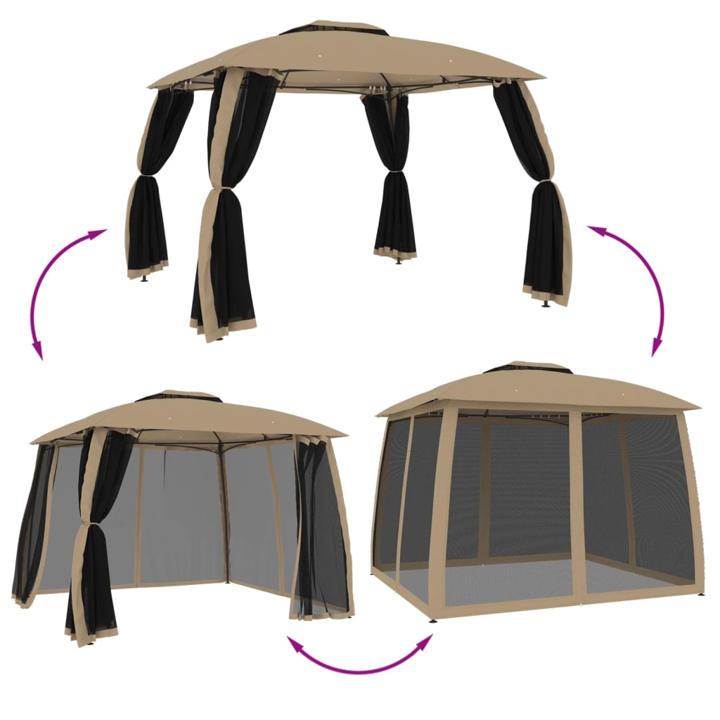 Pavilion with Double Roof & Mesh Walls Taupe 2.93 x 2.93 m Steel