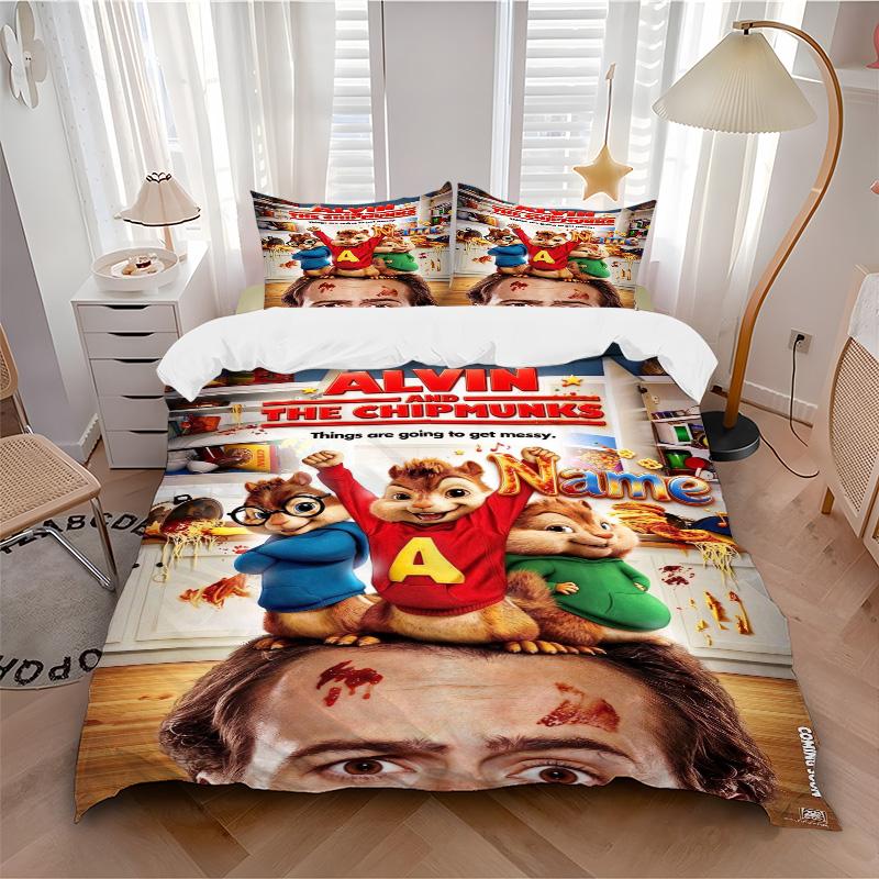Custom Name Alvin Chipmunks Bedding 3 Piece Set HD Print Duvet Cover Pillowcases for Teens Adult Bedroom Decoration Christmas Gift