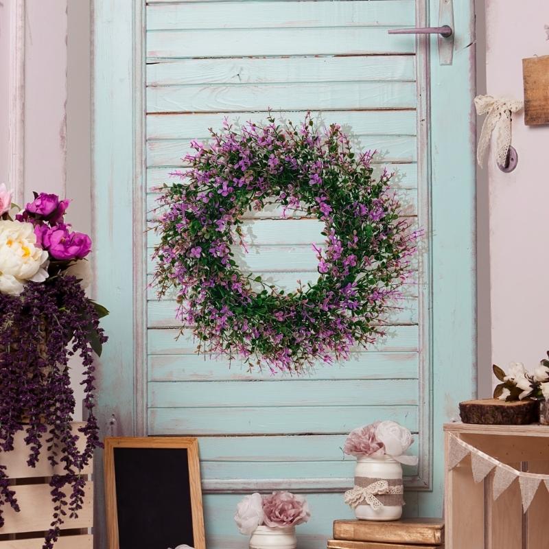 Artificial Spring Wreath PurpleFlower Wreath Eucalyptuses Flower Wreath for Front Door Wall Wedding Party Home