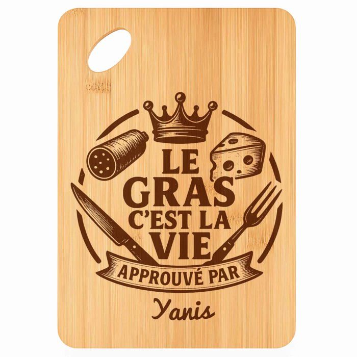 Planche à découper / Plateau apéro - PLANETEE - Yanis Gras c'est la Vie - 30x20x1 cm - Bambou naturel - Trou 24 mm