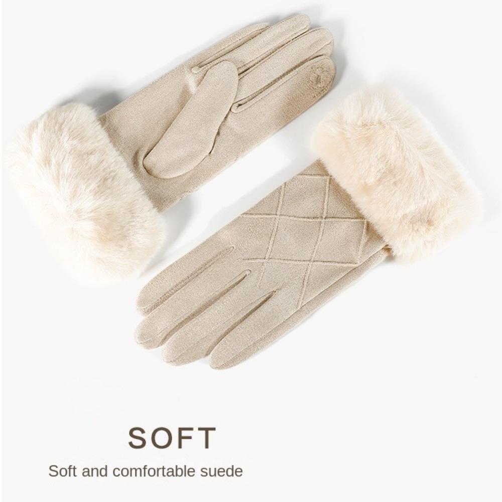 Plush Gloves Suede Women Cycling Mittens Retro Winter Fleece-lined Gloves Driving
