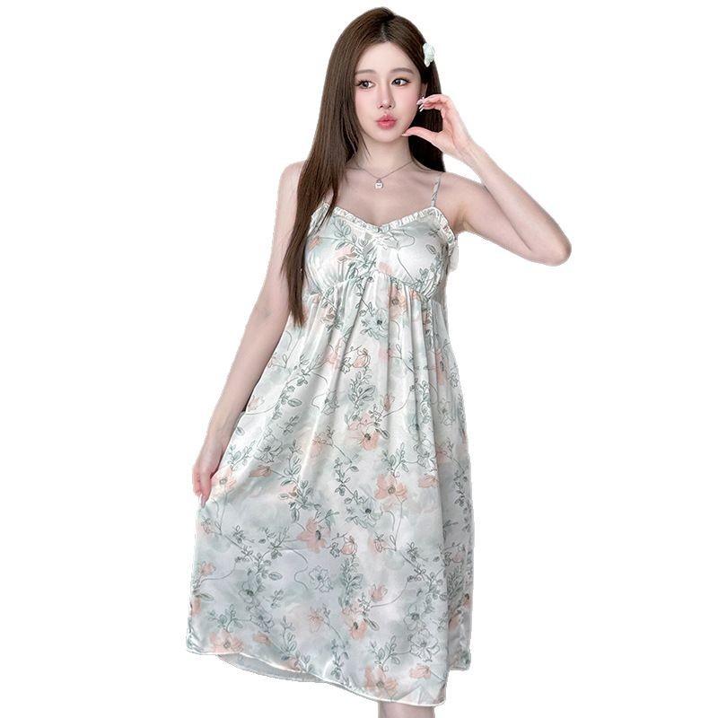 Ice silk suspender skirt nightdress with chest pad, long pure wind sweet print ice and snow silk pajamas women's summer loungewear