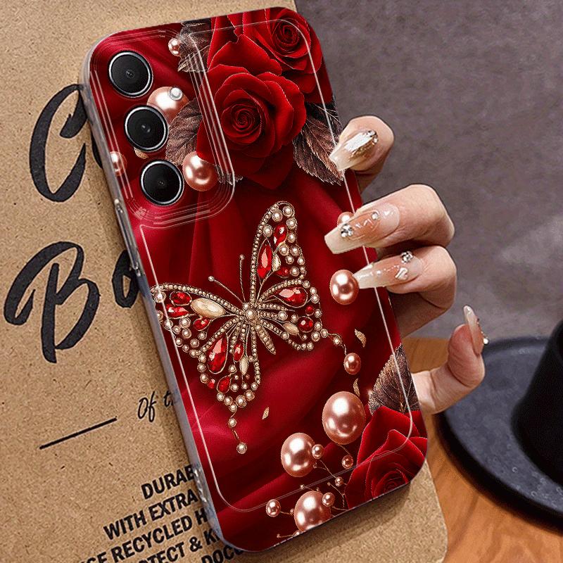 Чехол для телефона с узором «Бабочка, жемчуг, роза» для Samsung Galaxy S26 S25 S24 S23 S21 S20 fe/plus/Ultra, противоударный, прозрачный, мягкий