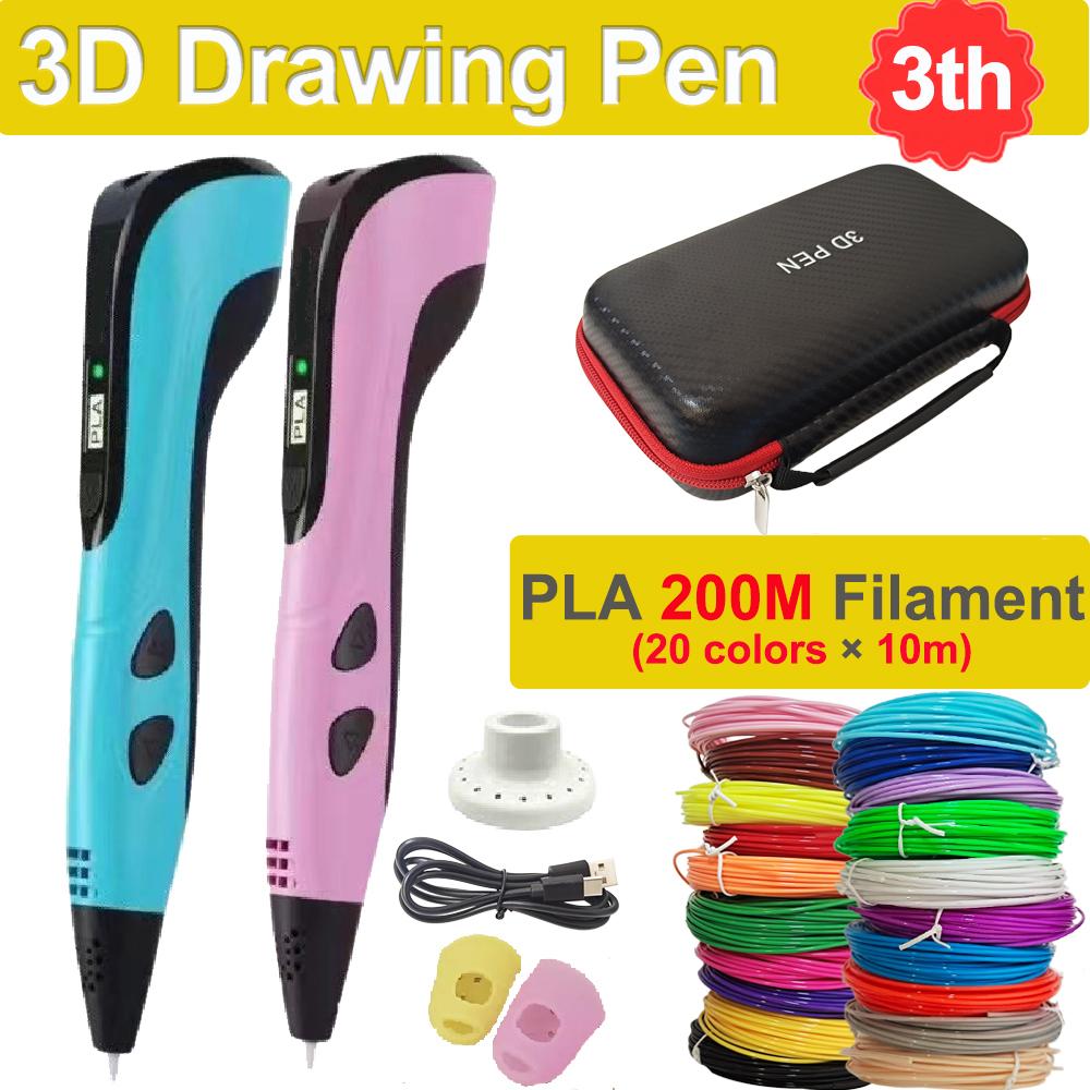 Новый 3D-ручка 3D-ручка для печати для детей 1,75 мм PLA-филамент DIY Рисование Подарок на день рождения Рождество для детей с дорожным чехлом