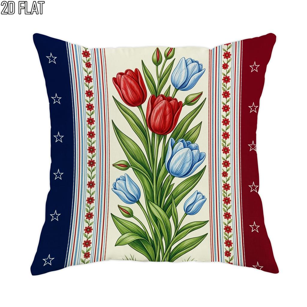 1pc 2D Flat Throw Pillow Covers Patriotic Summer Red Blue Tulips Floral Stripes Stars Vintage Style Soft Velvet Washable Pattern Pillow Covers for Liv