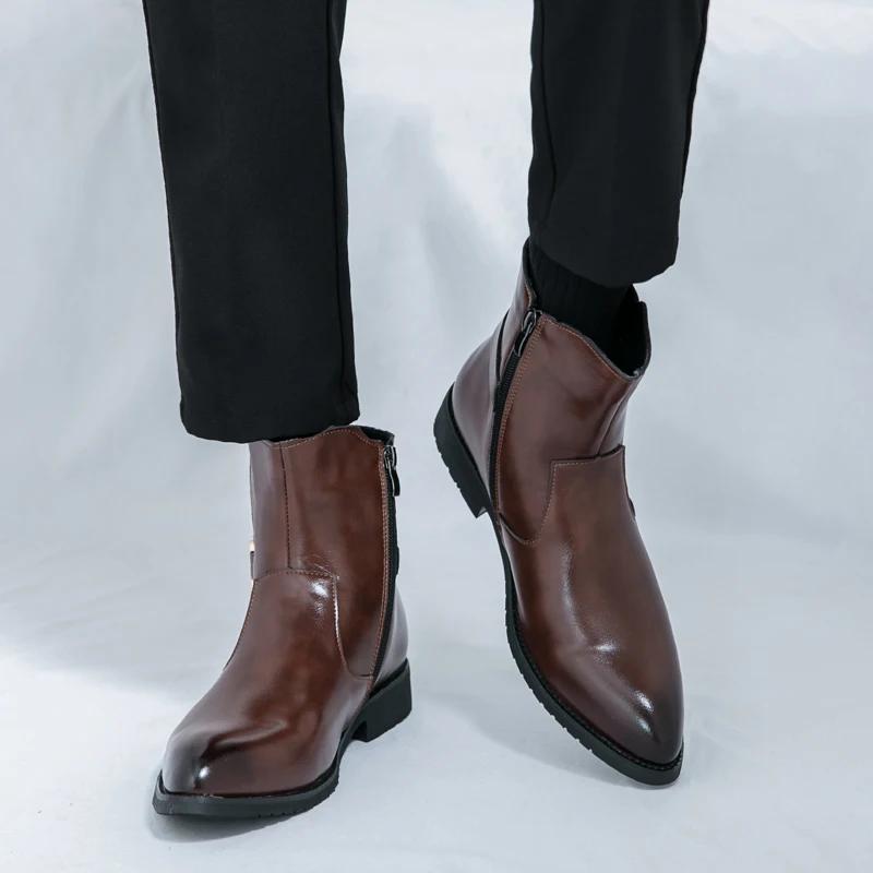 Classic Fashion Brown Boots for Men Pointed Toe Leather Ankle Boots Big Size 46 High-top Dress Shoes with Casual Business Shoes