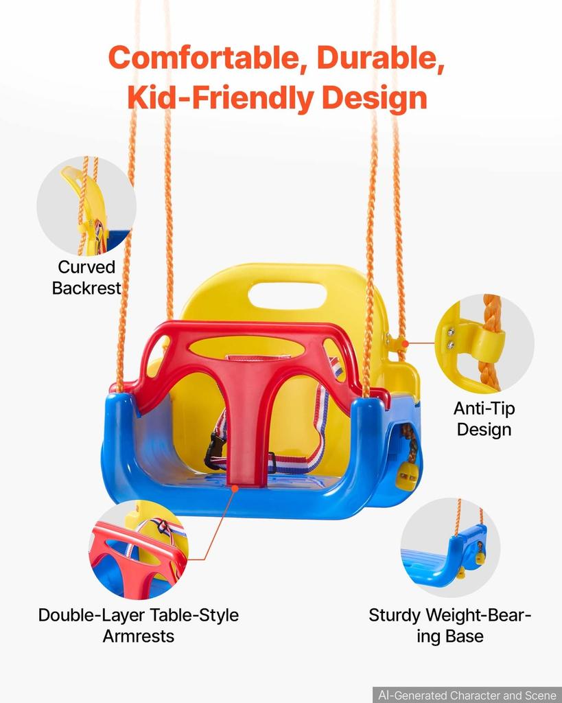 3-in-1 Baby Swing Seat 136 kg Capacity Toddler Swing Red/Yellow/Blue, for Indoor & Outdoor Playground, with Adjustable Ropes and Snap Hooks, Snug &