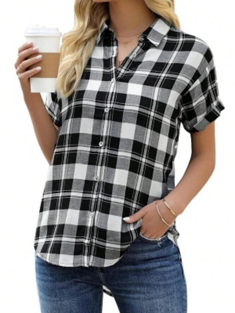 Women's Plaid Button Down Shirt Short Sleeve Casual Summer Blouse Top