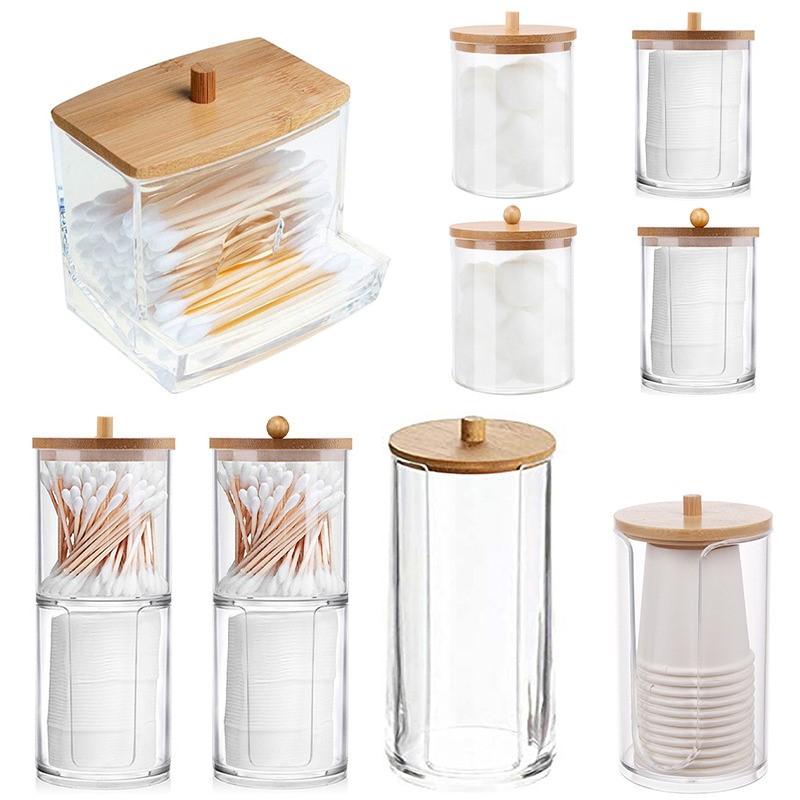 Makeup Cotton Pad Organizer With Bamboo Lid Bathroom Storage Box For Cotton Swabs Cosmetics Jewelry Makeup Remover Pad Container