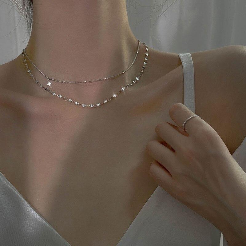 Серебряное ожерелье с двойным крестом и звездой, женская блестящая цепочка для ключицы