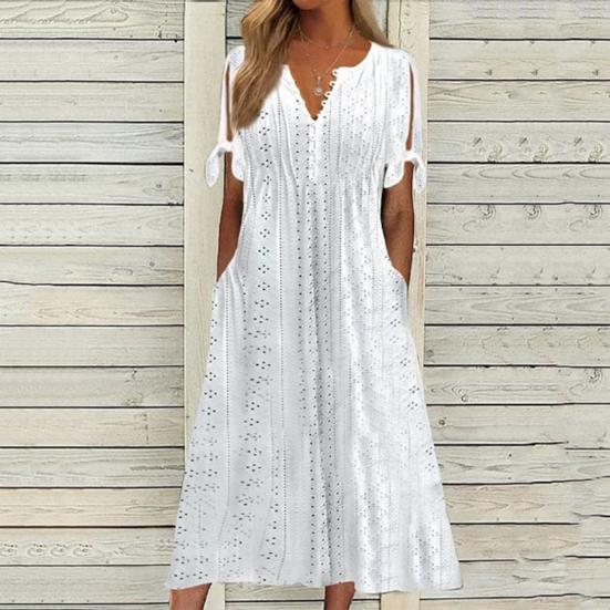 Женское летнее платье макси в стиле бохо с люверсами, пуговицами, V-образным вырезом, завязкой-узлом, коротким рукавом, летнее пляжное платье-сарафан для отдыха