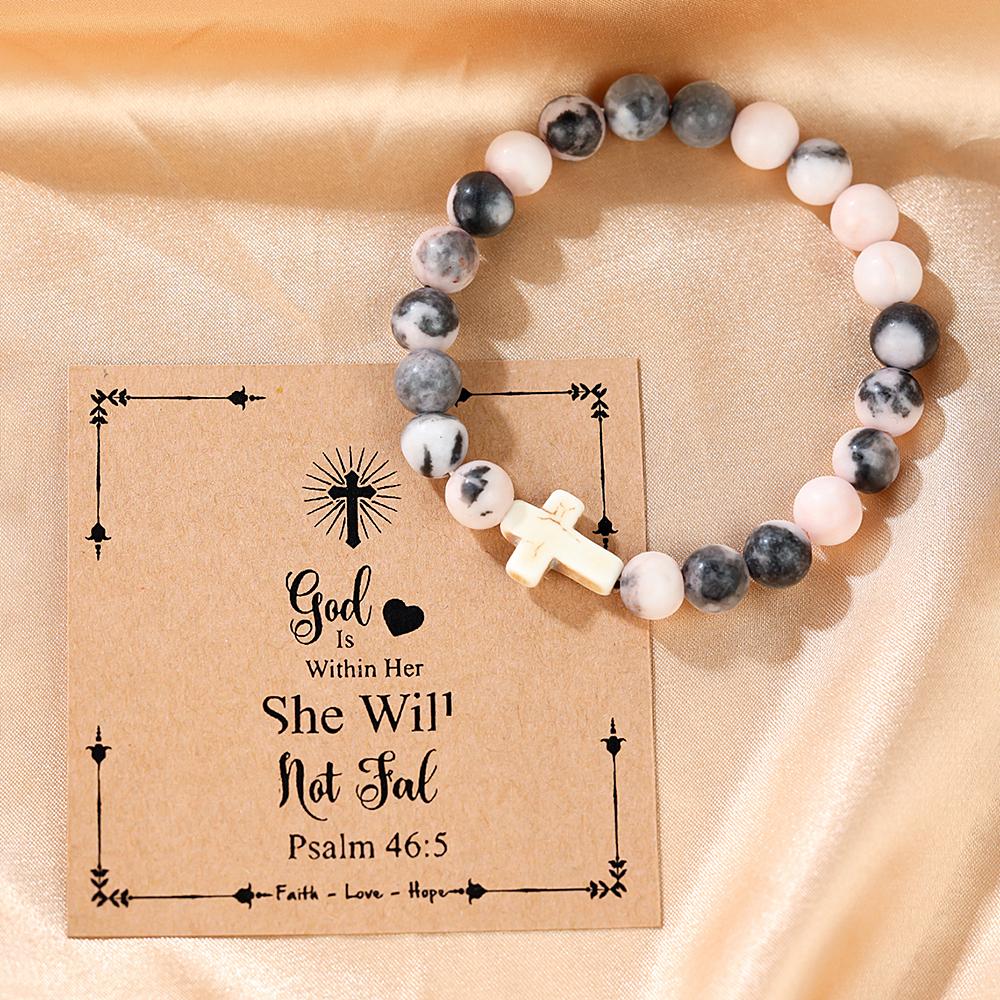 Религиозный крестовый браслет для женщин и мужчин, натуральный камень, эластичный браслет из бисера, молитвенный браслет с карточкой