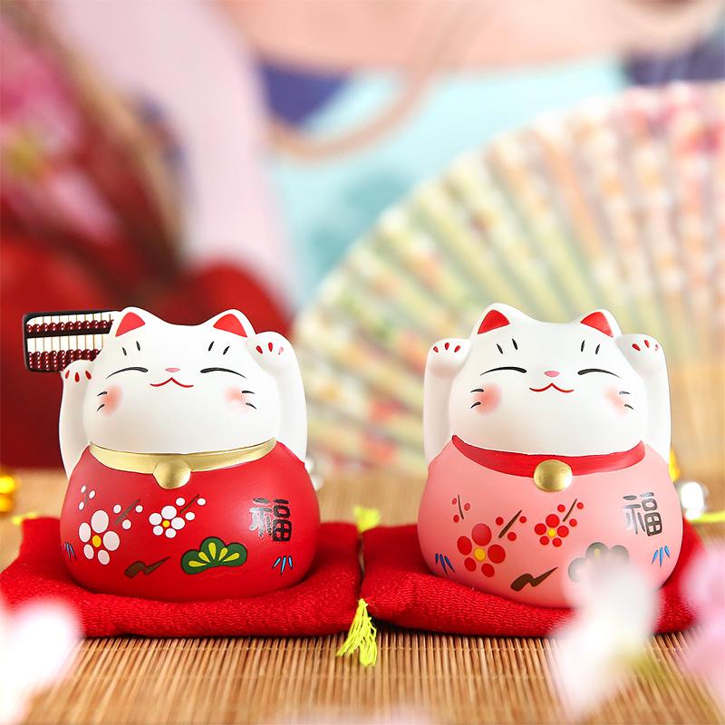 3-дюймовая керамическая фигурка кота удачи Манэки-нэко, ручная роспись, украшение, маленький кот удачи с подставкой под приборы