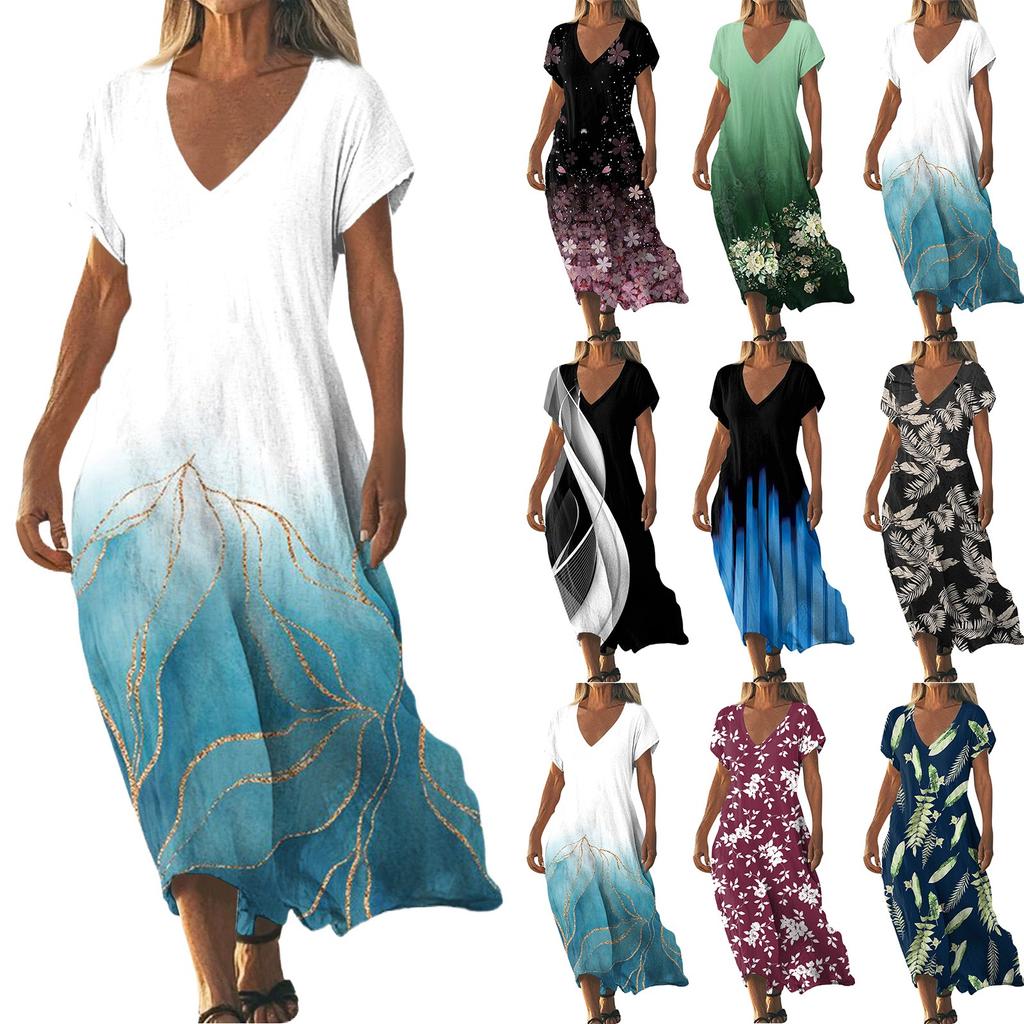 Fashion Women's Summer V-Neck Short Sleeve Floral Print Beach Dress