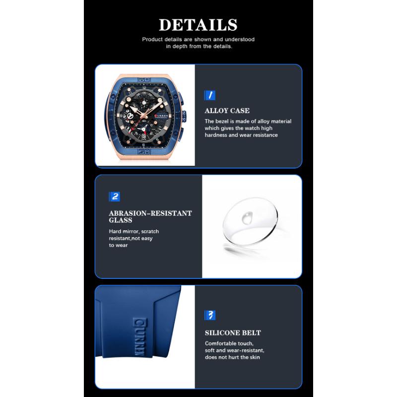 CURREN Роскошные спортивные кварцевые наручные часы для мужчин, цветные многофункциональные часы типа «тонно» с автоматической датой