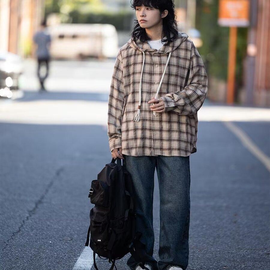 Рубашка с капюшоном в японском стиле в стиле ретро в клетку для мужчин с длинными рукавами, повседневная куртка для студентов на весну и осень, рубашка, пальто