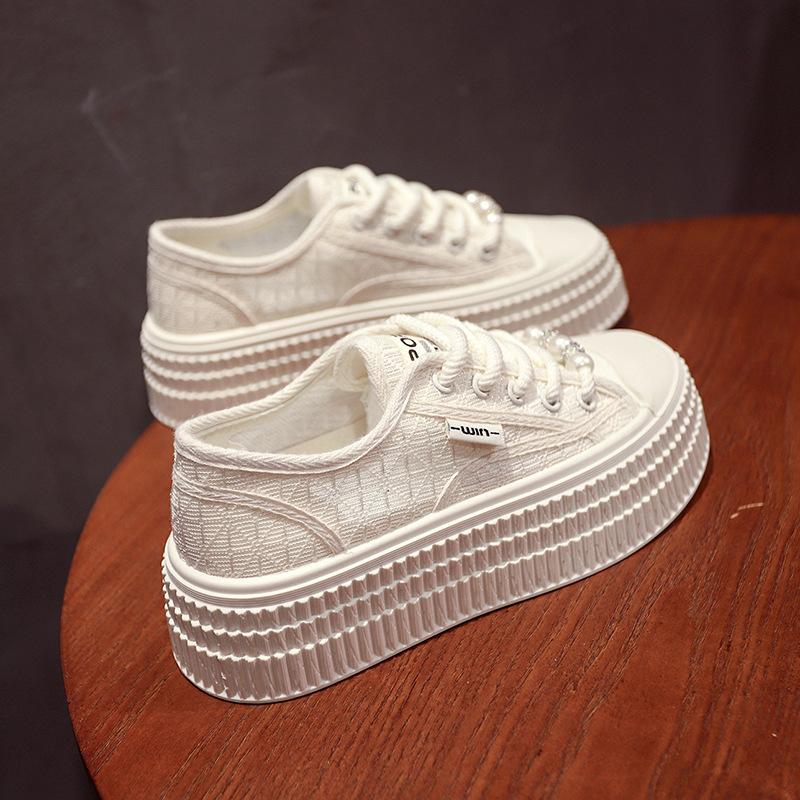 Putian Popular Lace Mesh White Shoes Women's Spring and Summer 2025 New Hollow Breathable Versatile Thick Baseplate Shoes