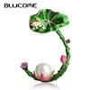 Lotus Flower Green Leaves Frog Shape Brooches Simulated Pearl Enamel Brooch