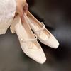 New Fashion Women Shoes Square Toe Shoes Square Heel Dress Shoe Pearl Buckle Pumps High Heels Lady Office Shallow Mouth Footwear