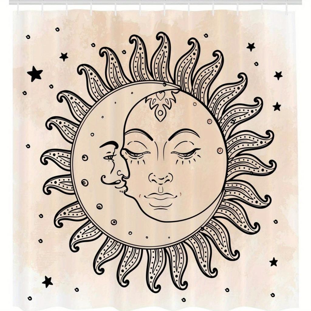 Celestial Sun & Moon Shower Curtain - Black & White Illustration with Stars, Durable Polyester with Hooks